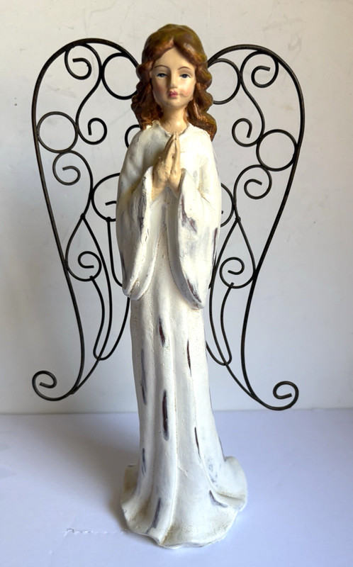 Praying Angel with White Flowing Robe, Metal Wings, Wooden, 11" tall