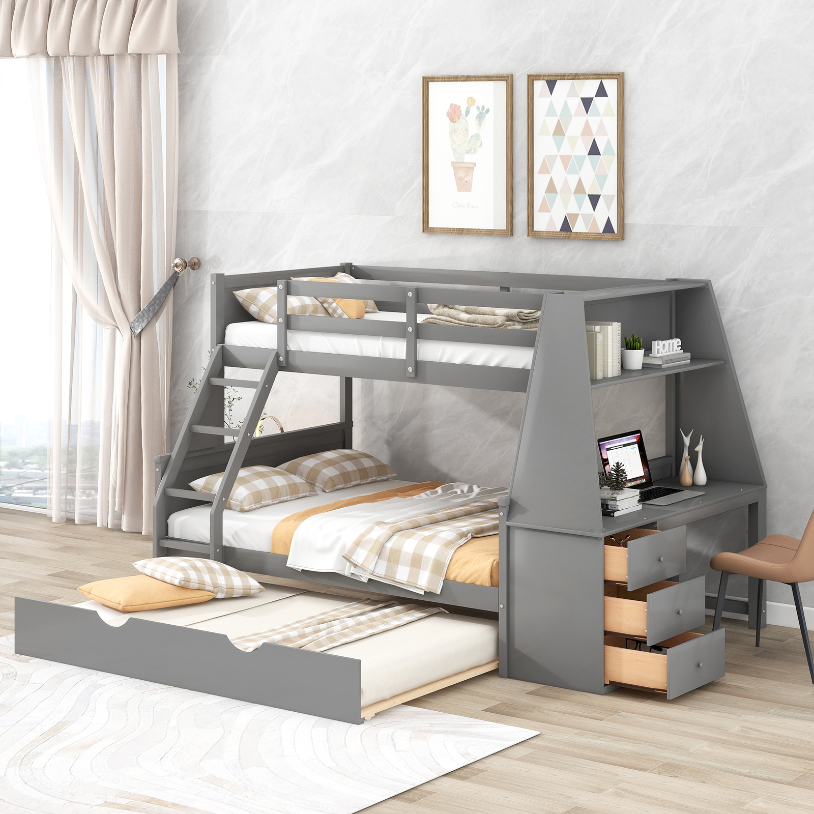 Twin Full Bunk Bed with Trundle Built-in Desk 2 Drawers Shelf 316AAE