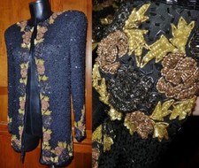 VTG 80s GLAM Silk Beaded Sequin Heavy Embroidered Evening Formal JACKET ML