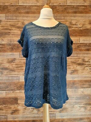 Lumineux Damen Blau Ösen Häkel Top Kurzarm Boho Sommer Shirt L/XL