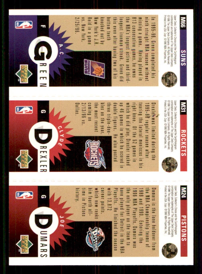 1996-97 Collector's Choice Gold #M66 Joe Dumars/Clyde Drexler/A.C.Green - Image 2 of 2