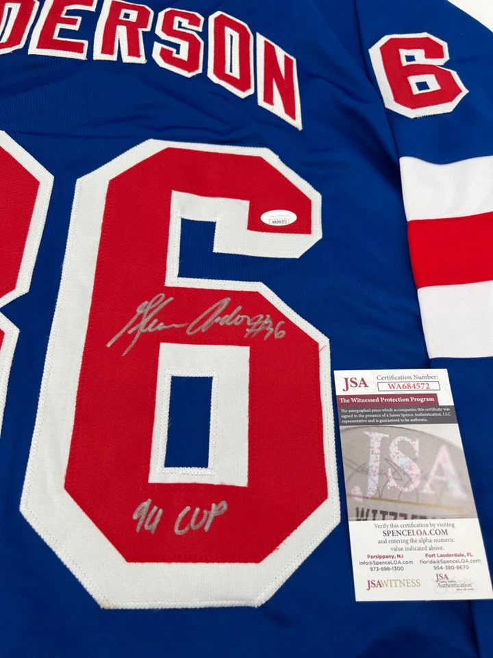 CAMISETA PERSONALIZADA AUTOGRAFIADA DE GLENN ANDERSON DE LOS RANGERS DE LOS NUEVOS YORK CERTIFICADO DE AUTENTICIDAD COPA 94 Foto 2 de 3