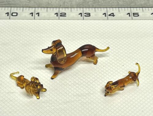 Figurines art soufflant DOG 3 vintage teckel OR marron verre soufflant décoration ensemble cadeau - Photo 1 sur 7