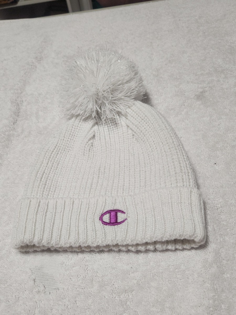 ✅️CHAMPION women's white KNIT BEANIE HAT one size fits most POMPOM warm