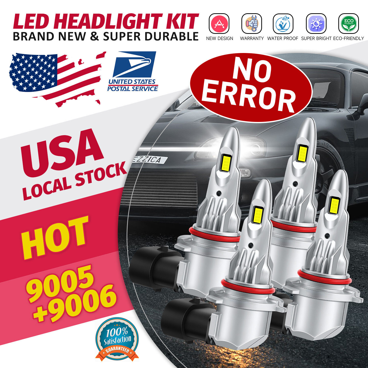 4Pcs 9006 9005 LED Headlight Bulb Kit High Low Beam 140W 28000LM 6000K White
