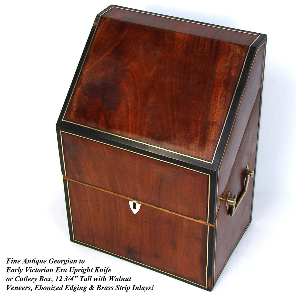 Антикварная георгианская викторианская коробка для столовых приборов, сундук, орех и черное дерево с латунной инкрустацией - Изображение 2 из 4