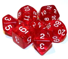 7 Piece Translucent Shimmer Polyhedral Dice Set w/ Bag – Red
