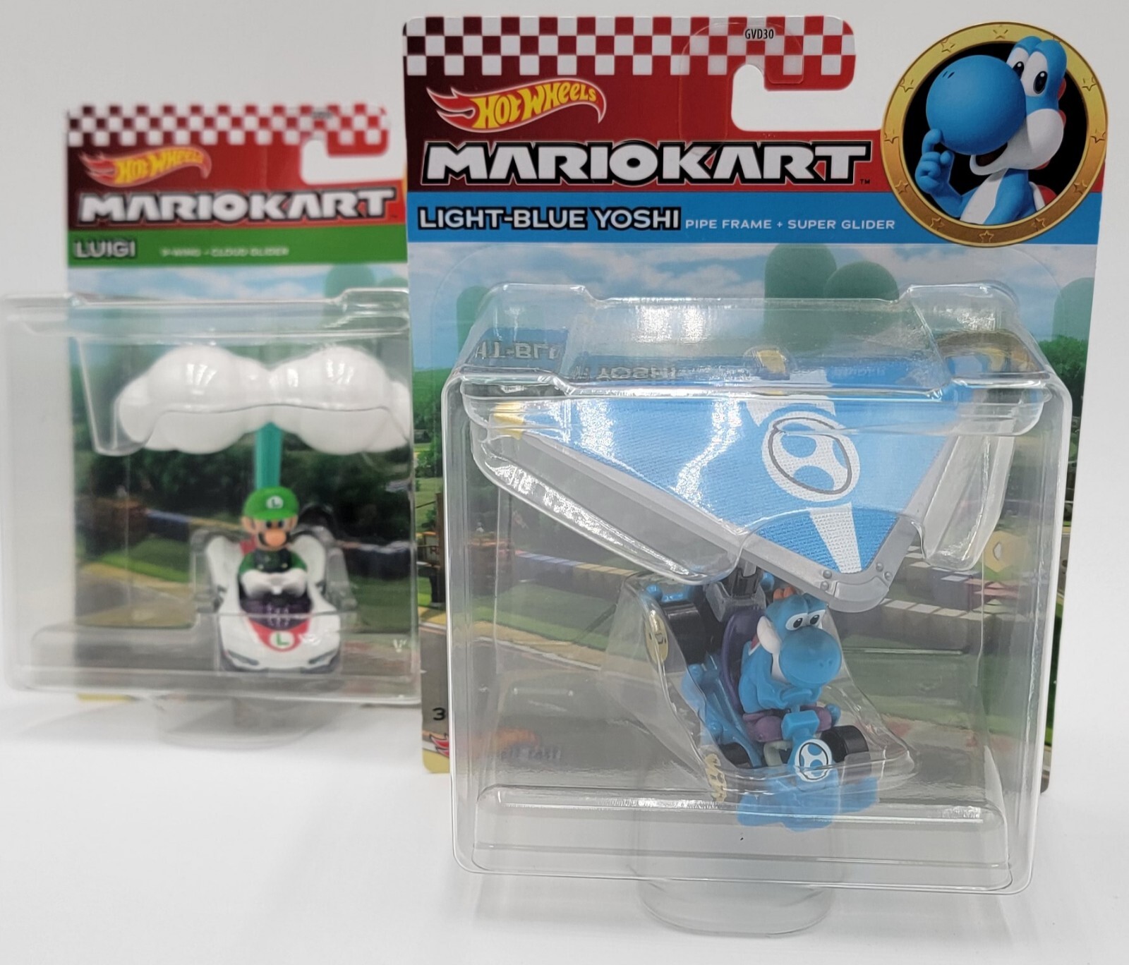 Hot Wheels Mario Kart, Light Blue Yoshi + Luigi in PWing Kart with