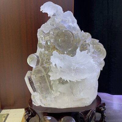 Cristal Quartz Clair Fantôme Sculpté Dragon Crâne - 28,49 Lb (12,95 Kg), Pierre De Guérison, Neuf