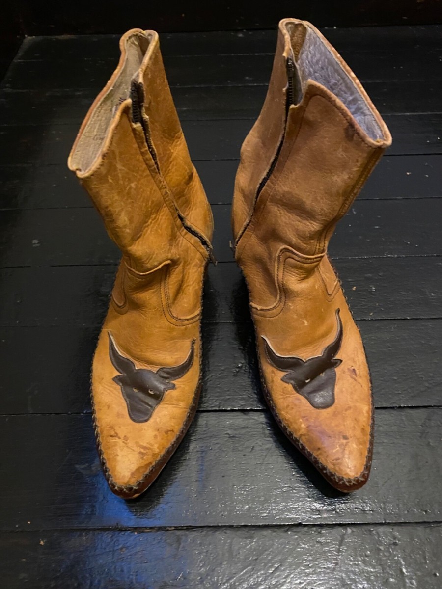 WESTERN HANDTOOLED Natural BOHO RARE ANKLE BOOTS SIZE 9.5 | eBay