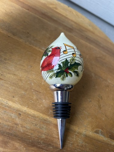 Vintage Ne' Qwa Cardinal Holiday Music Painted Wine Stopper Susan Winget 5.5"