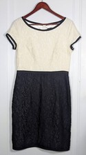 Ann Taylor LOFT White & Black Lace Sheath Dress Size 8 Medium Short Sleeve Midi