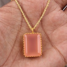 Rose chalcedony octogen pendent silver gold plated necklace jewelry for womens