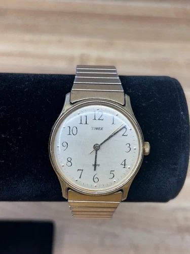 Vintage Mens Mechanical Timex Watch Gold Tone White Dial