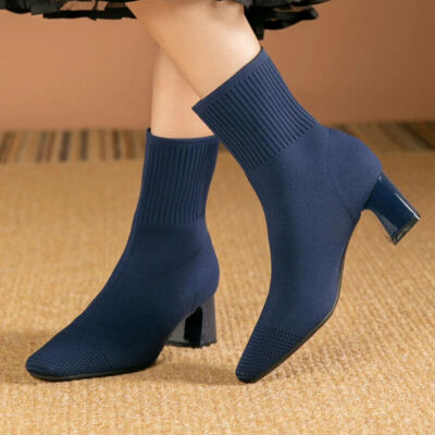 Women's Fashion Sock Boots Block Heel Square Toe Stretch Knit