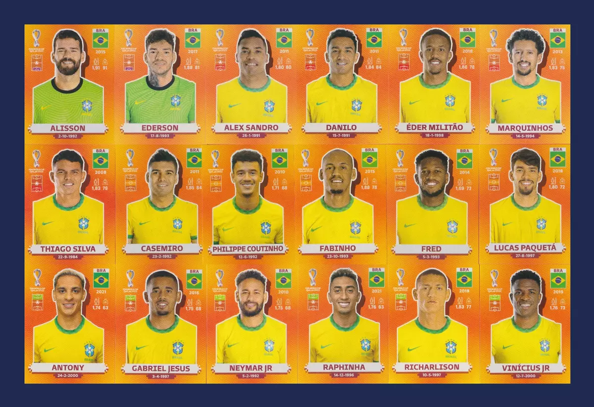 Brazil Team - 18 Players Stickers Set - Panini FIFA World Cup Qatar 2022