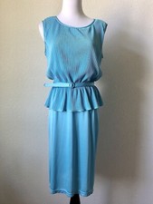 Vintage Sky Blue Blouson Dress Ribbed Peplum Sleeveless Knee Length Size Small