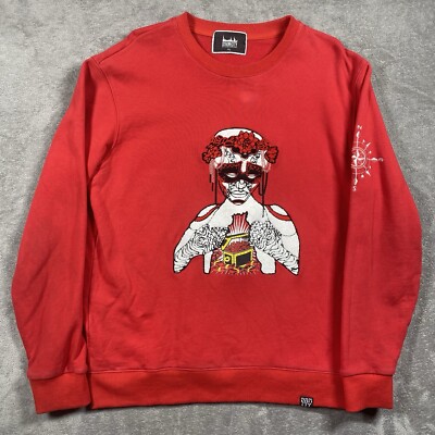 DenimiCity Mosaic Sweater Mens XL Lady Of Tulum Red Crew Neck Embroidered