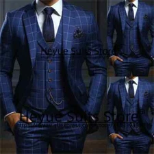 Navy Blue Plaid Men Suits Business Male Blazers Lapel Groom 3 Pcs Sets Handsome