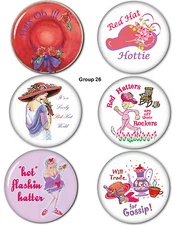 #26 FUN 3" BUTTONS PIN BACKS FAVORS GIFTS FOR RED HAT LADIES OF SOCIETY