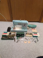 SINGER 338 Sewing Machine Blue With Attachments. Working 