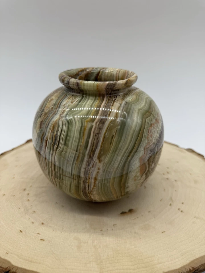 Jarrón verde marrón ónix recipiente urna piedra escultura 5” alto 4,5” ancho HERMOSO Foto 3 de 4