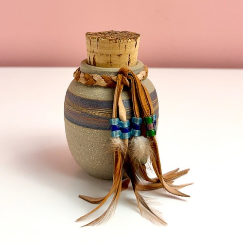 Handmade Native American Jar with Corked Top & Leather, Beads and Feathers