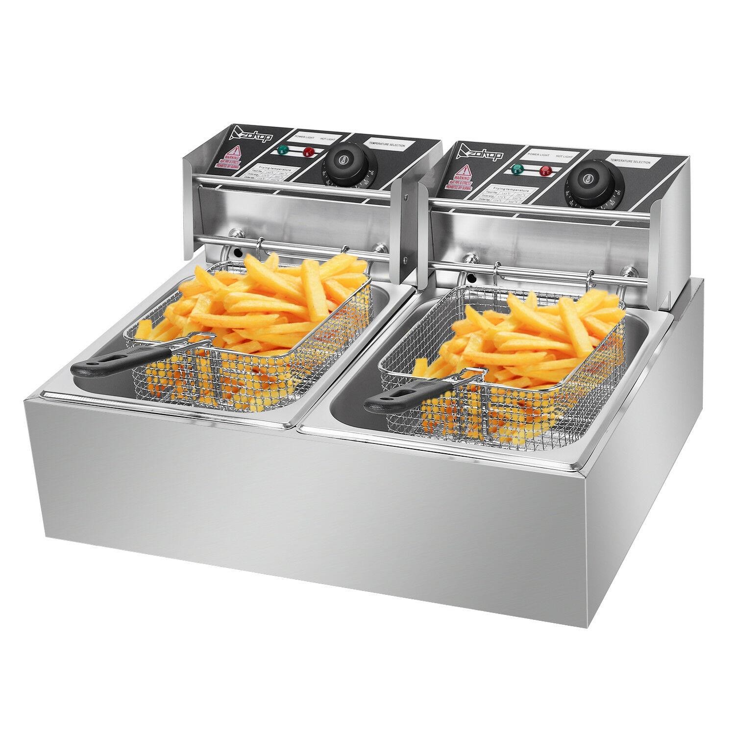 Zokop 5000W 12L Dual Tank Electric Deep Fryer Stainless Steel Commercial Basket