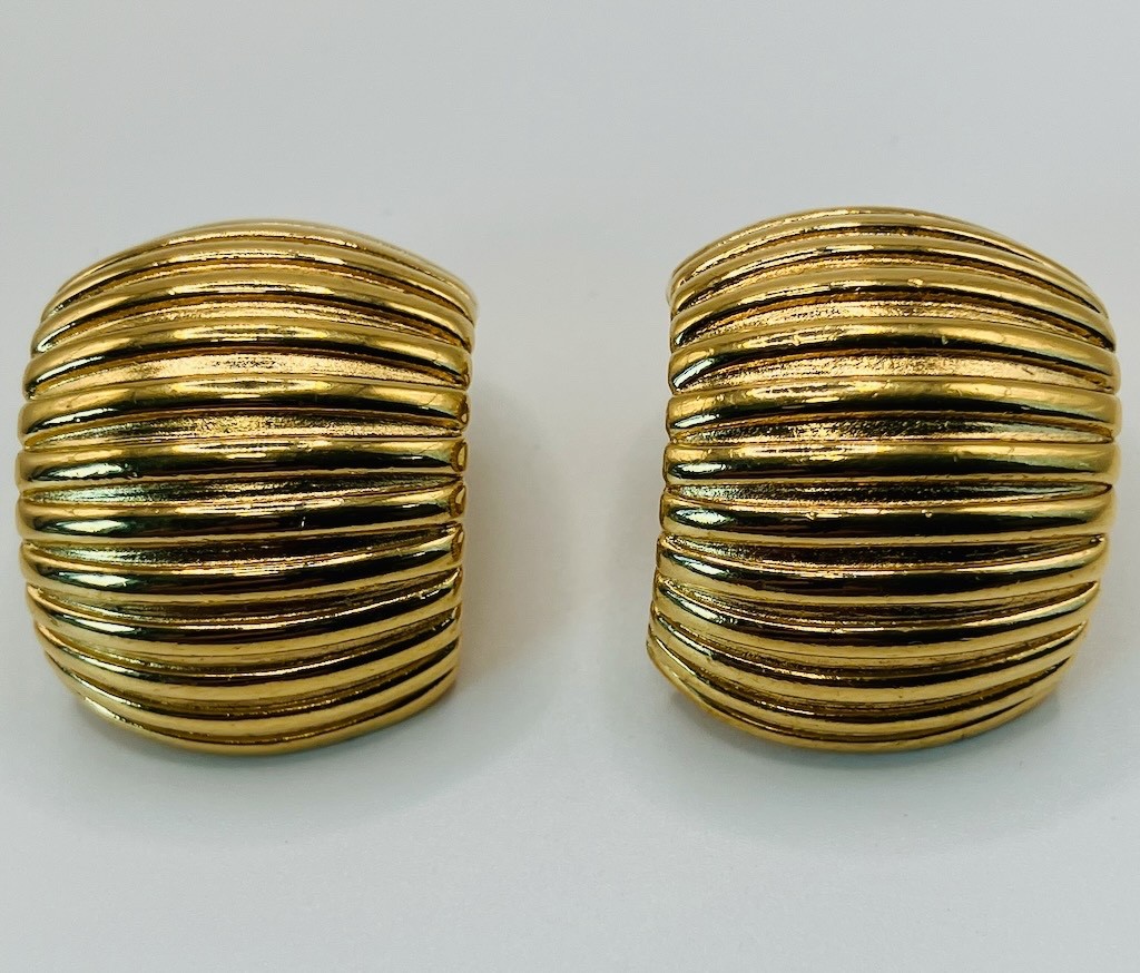 Vintage Signed Givenchy Paris  New York Gold Tone Ribbed Chunky Clip-On Earrings