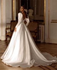 Satin Wedding Dress Formal Square Collar Long Sleeves Bridal Gowns Boho A-Line