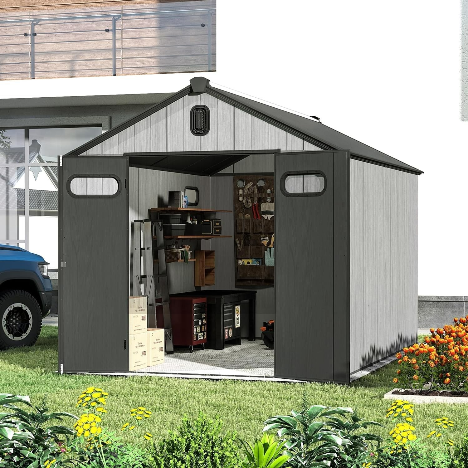 Domi 8'X12' Outdoor Resin Storage Shed,Plastic Garden Shed w/Lockable Door.