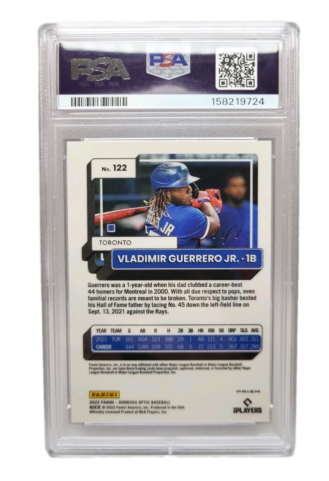 2022 Donruss Optic 1/1 BLACK FINITE VLADIMIR GUERRERO JR PSA 10!! #122 TORONTO!! view 2