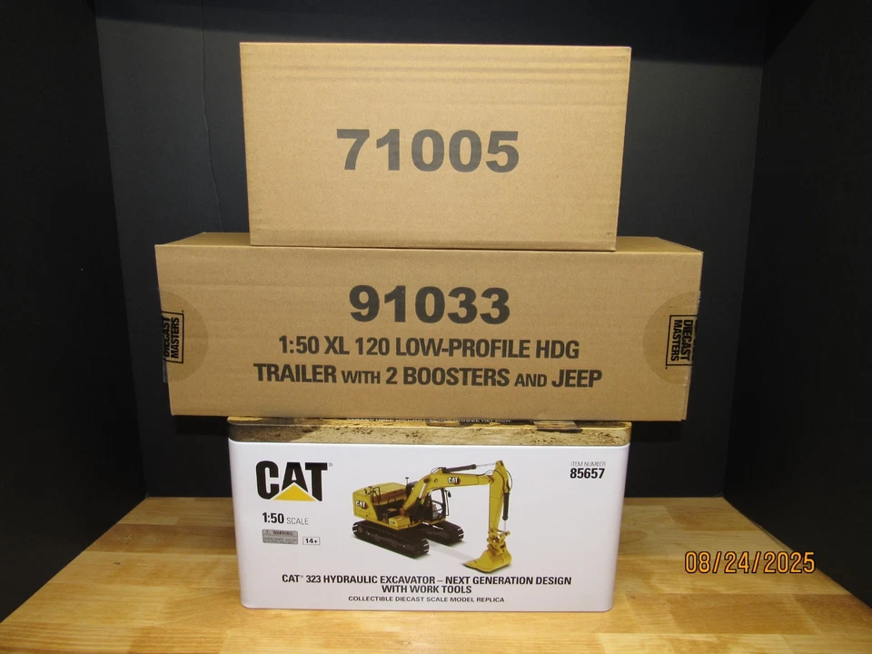 1:50 Diecast Masters International HX520 w/ Lowboy & CAT 323 Excavator w/ Tools - Image 2 of 4