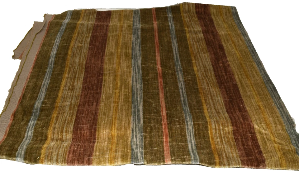 Vintage Olive Green Brown and Blue Striped Velvet Upholstery Fabric Remnant - Image 2 of 4