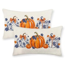Fall Pillow Covers 12x20 20" x 12" Pack of 2 Chinoiserie Blue Orange Pumpkin