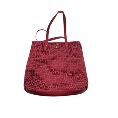 Tommy Hilfiger Red Monogram Jacquard Tote Bag with Matching Makeup Pouch Set