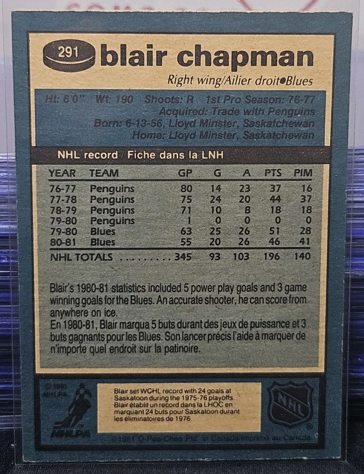 81-82 O-Pee-Chee Blair Chapman 🚨🚨🚨 St. Louis Blues  - Image 2 of 2