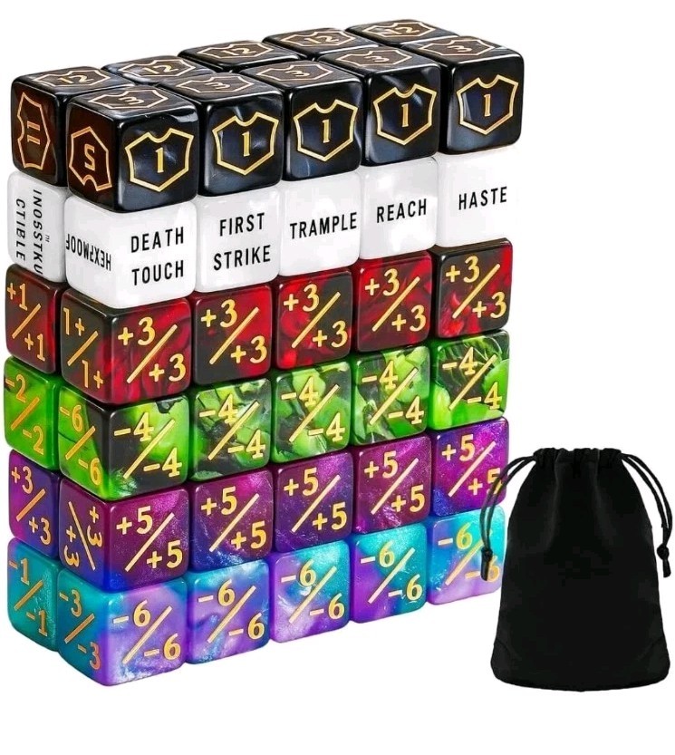 60 PCS MTG Dice - Keyword/Life Counters Set. 2 X Velour Dice Bags. Free UK P&P.