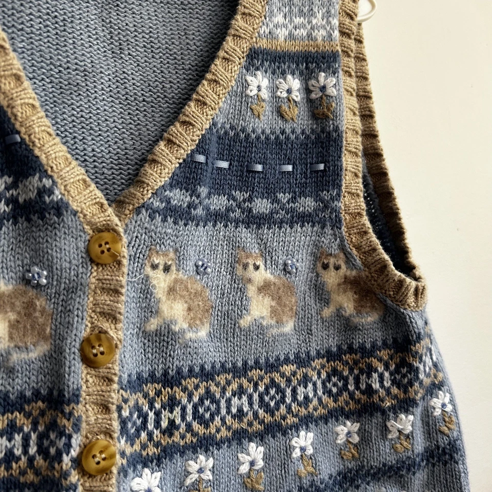 Chaleco Suéter Hartstrings Vintage Años 90 Y2K Gato y Perro Floral Azul Niñas Talla 7/8 Foto 3 de 4