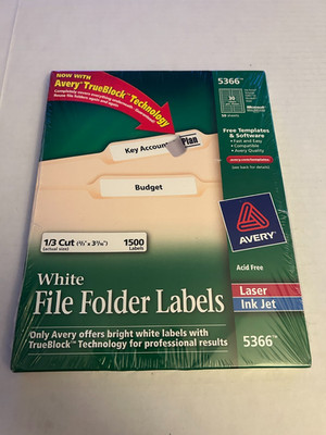 Avery 5366 White File Folder Labels 1/3Cut TrueBlock Laser Ink Jet 1500Pk (L7)