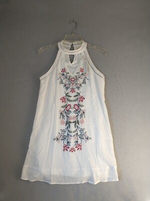 Francescas Womens Top Small White Sleeveless Floral Embroidered Lined Blouse