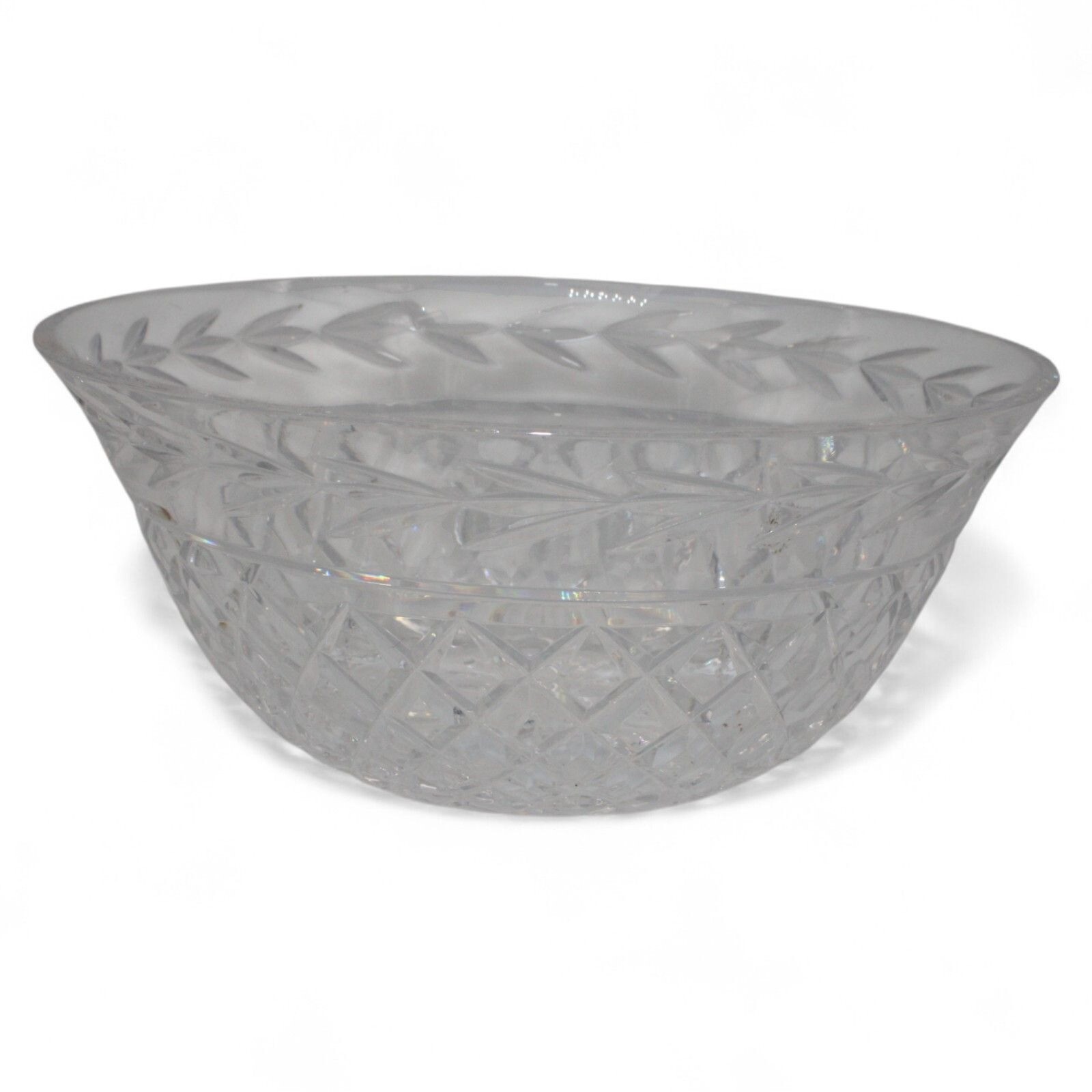 Waterford Crystal 9 Inch Round Cut Glass Serving Bowl with Leaf and Diamond Design