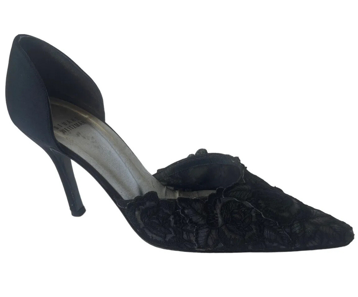 Stuart Weitzman Shoes Heels Womens Black D'Orsay Pumps Floral Lace And  Satin