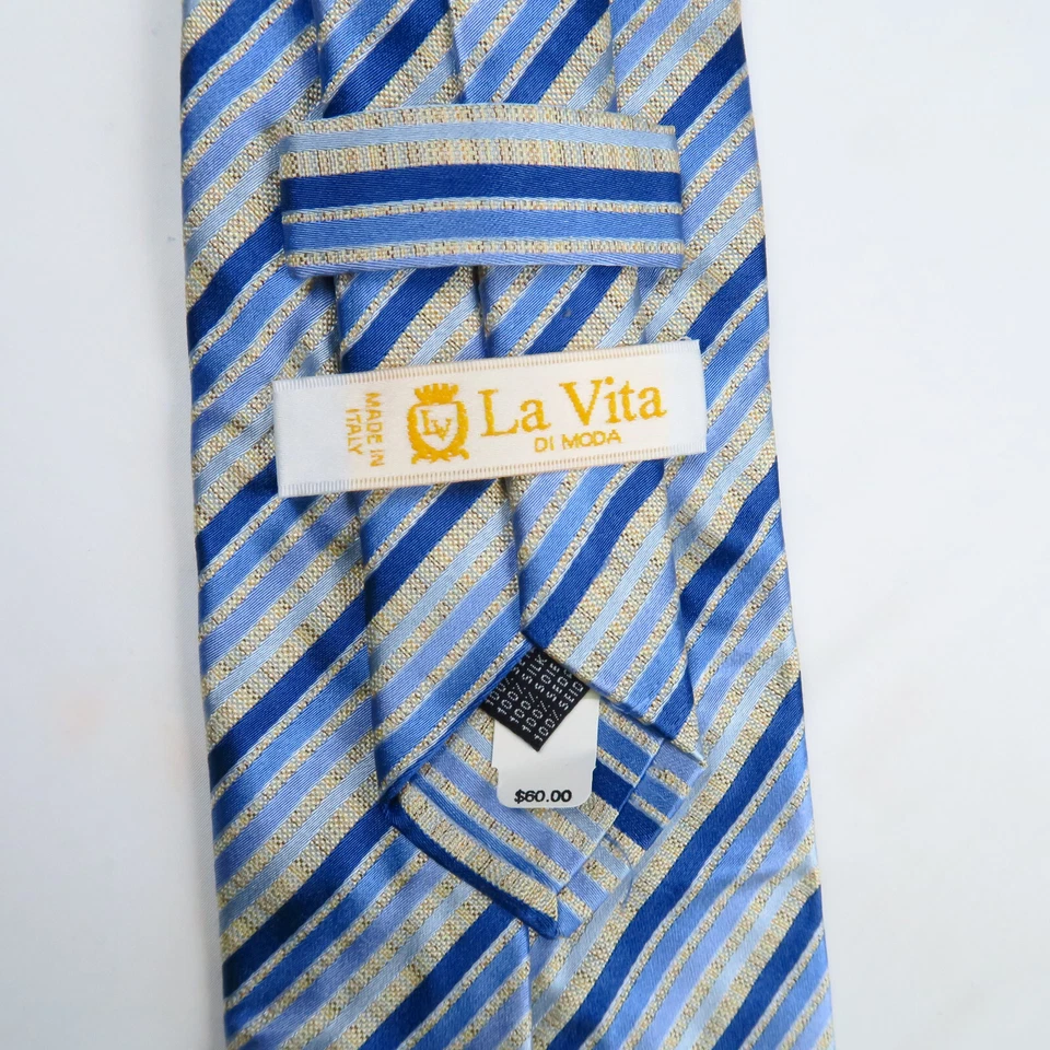 Corbata de cuello italiana La Vita Di Moda para hombre azul gris a rayas 59"x4" Preppy elegante Foto 3 de 4