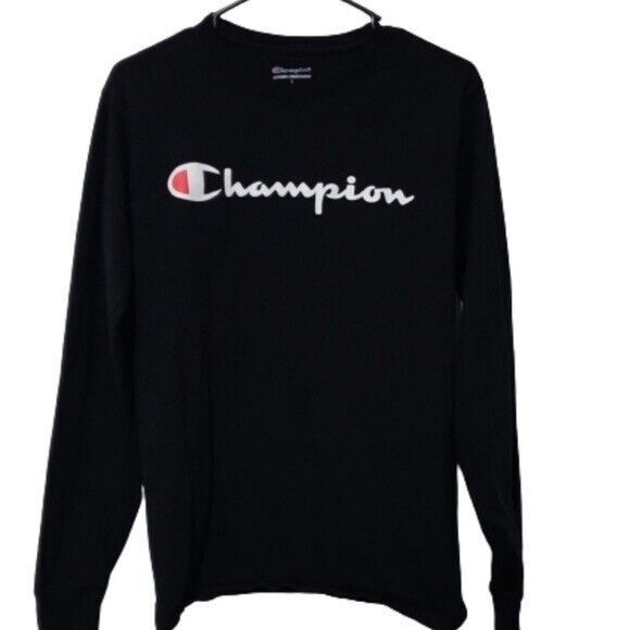 Champion Men’s Small Black Graphic Long Sleeve T-Shirt Lightweight Sporty Fit