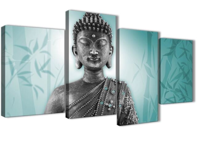 1327 Teal and Grey Silver Canvas Art Prints of Buddha Modern 120cm Wide