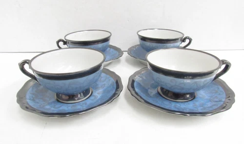 Vtg Keram-Silber Dekor Blue Silver Demitasse 4 Teacups & 4 Saucers 8pc Set