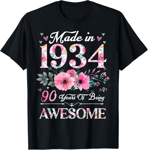 90 Year Old Made In 1934 Floral 90th Birthday Women Gift Unisex T-Shirt - 第 1/3 張圖片