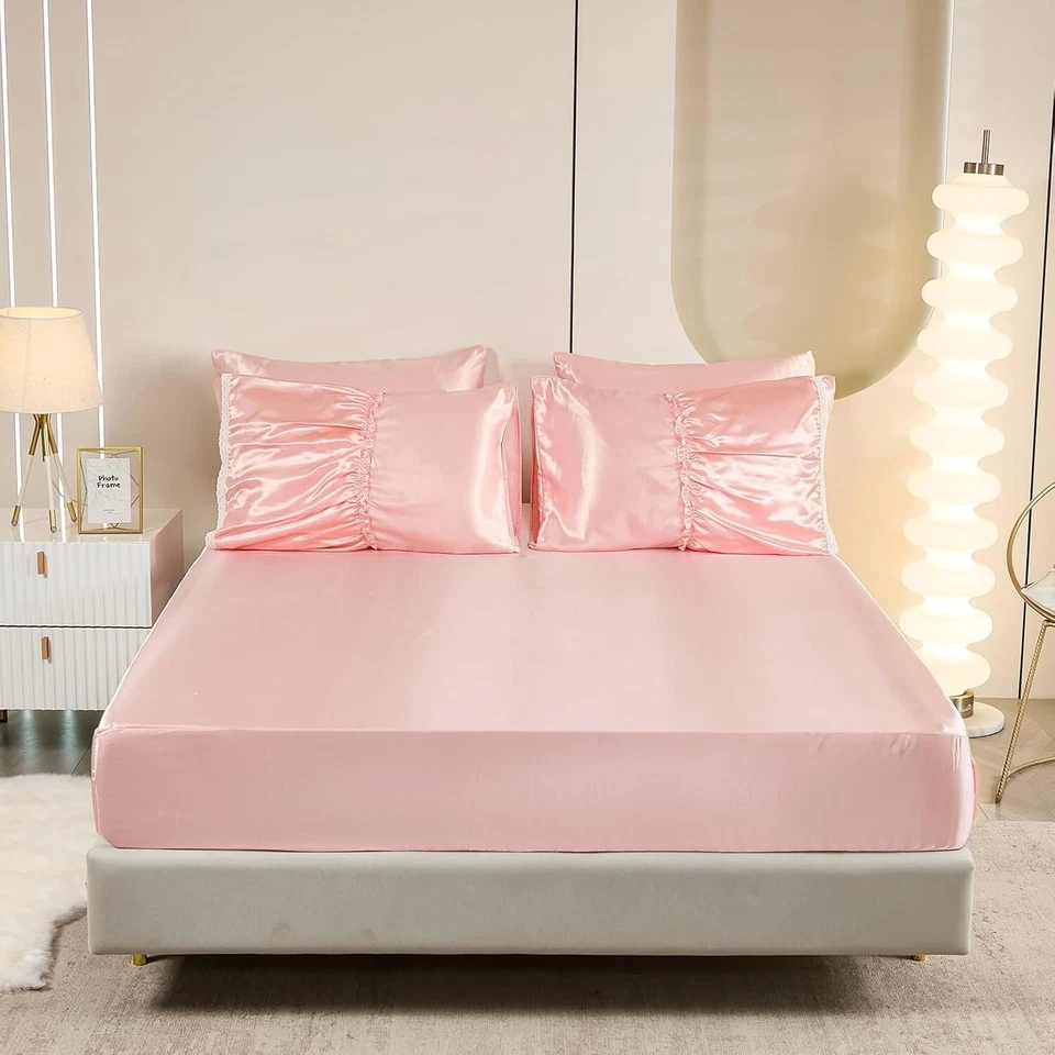 NUEVO Edredón y sábanas con volantes en capas satinado rosa de 8 piezas cama Foto 4 de 4