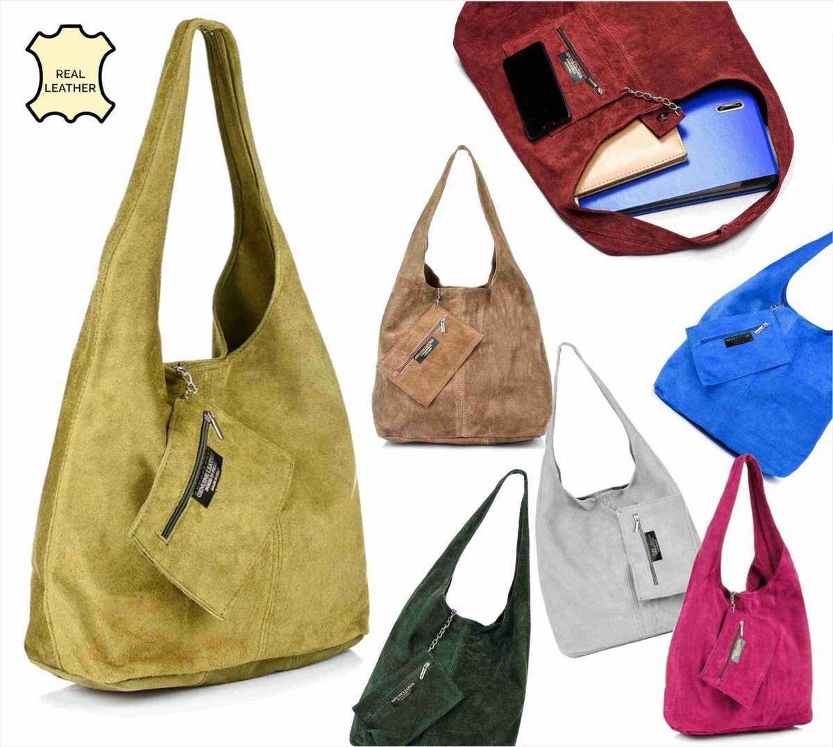 Genuine Suede Leather Hobo Shopper Bag